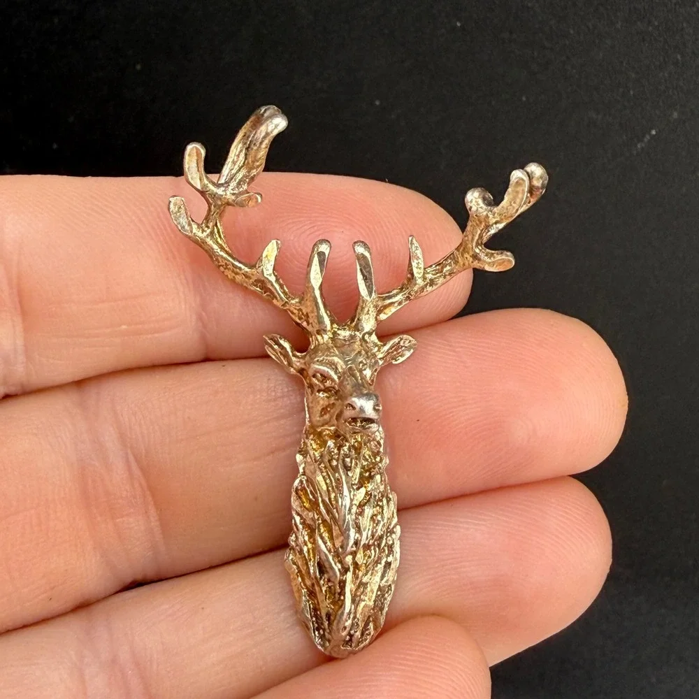 Vintage Pendant Deer Gold Tone Textured Antler Stag 925 READ